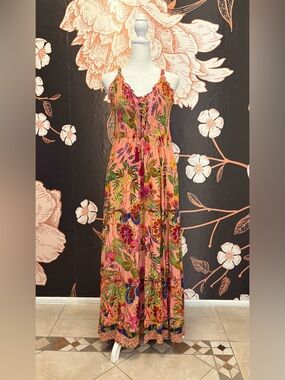 DREAMY Tropical Pink Floral Maxi Sundress with Smocked Bodice and Gold Striping